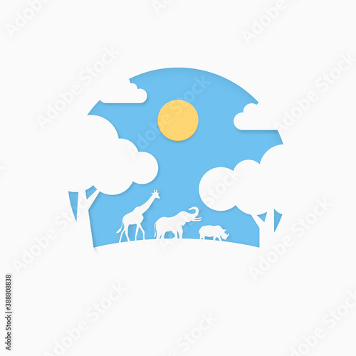 Nature landscape with animals in paper cut style. Vector illustration. 