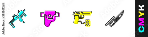 Set MP9I submachine gun, Gun holster, Buying pistol and Bayonet on rifle icon. Vector.