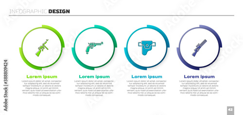 Set Tommy gun, Revolver, Gun in holster and Hunting. Business infographic template. Vector.