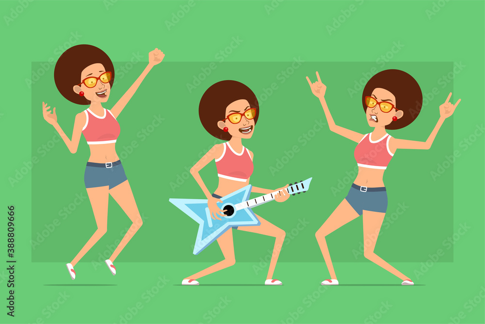 Cartoon flat funny sport woman character in shirt, jeans shorts and sunglasses. Ready for animation. Girl playing on guitar and showing rock and roll sign. Isolated on green background. Vector set. Cartoon flat funny sport woman character in shirt, jeans shorts and sunglasses. Ready for animation. Girl playing on guitar and showing rock and roll sign. Isolated on green background. Vector set.