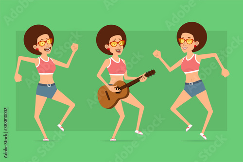 Cartoon flat funny sport woman character in shirt, jeans shorts and sunglasses. Ready for animation. Girl jumping, dancing and playing rock on guitar. Isolated on green background. Vector set.