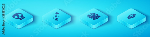 Set Isometric Skull, Human broken bone, Reddish eye and Psoriasis or eczema rash icon. Vector.