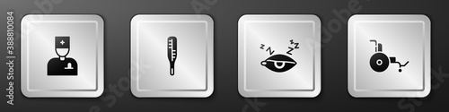 Set Male doctor, Medical thermometer, Insomnia and Wheelchair icon. Silver square button. Vector.