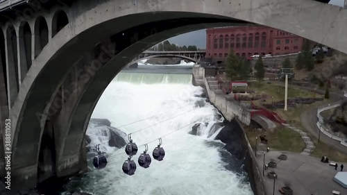 Spokane Falls SkyRide - Static Cable Cars Under The Bridge In Spokane Falls, Washington - aerial photo