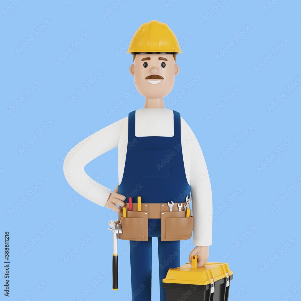 A builder with a hard hat and a toolbox. Construction worker. 3D illustration in cartoon style. A builder with a hard hat and a toolbox. Construction worker. 3D illustration in cartoon style.