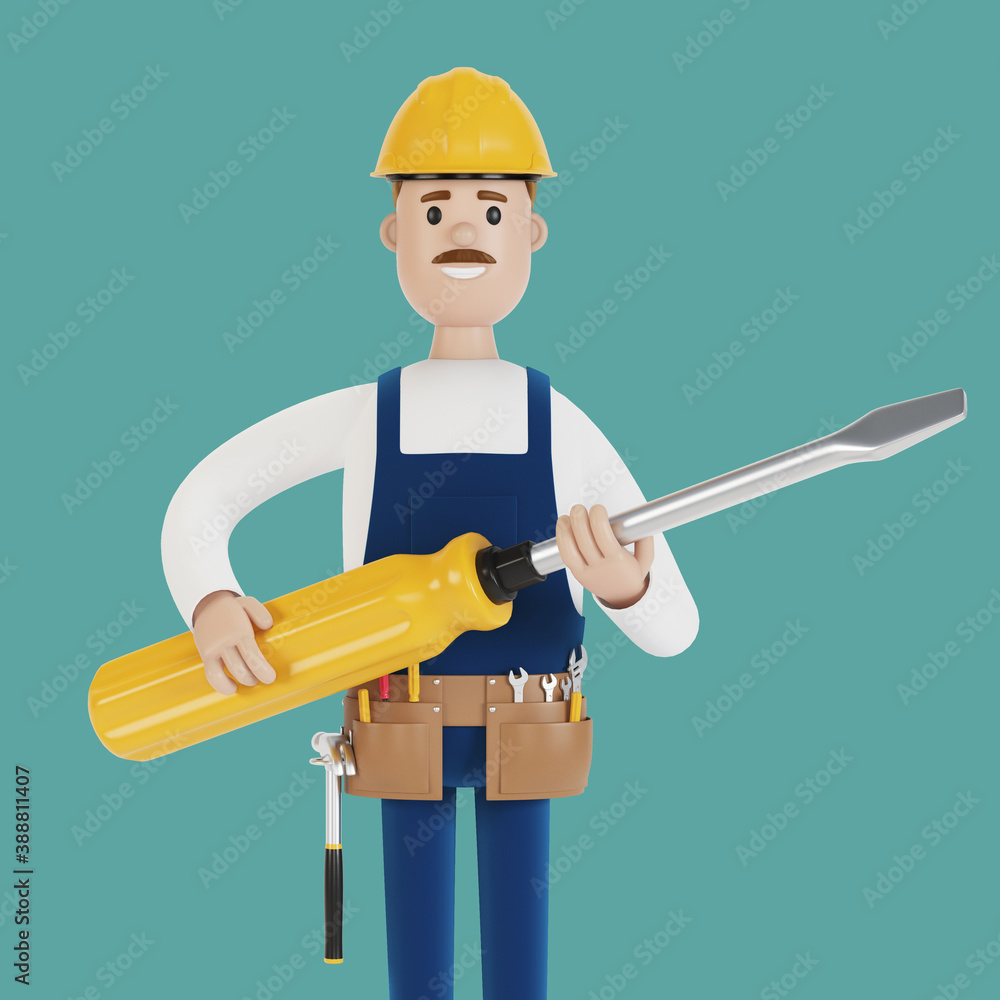 Electrician builder with a large screwdriver in his hands. 3D illustration in cartoon style. Electrician builder with a large screwdriver in his hands. 3D illustration in cartoon style.
