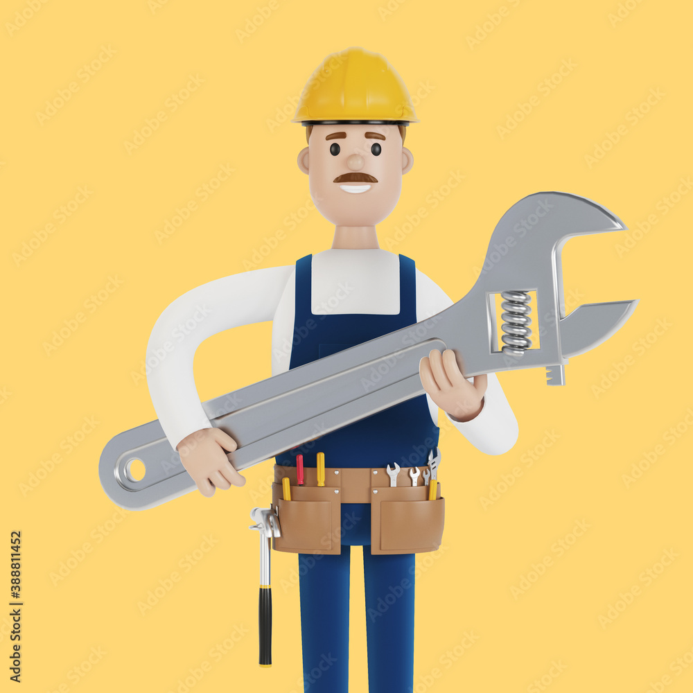 Craftsman with a large wrench. 3D illustration in cartoon style. Craftsman with a large wrench. 3D illustration in cartoon style.