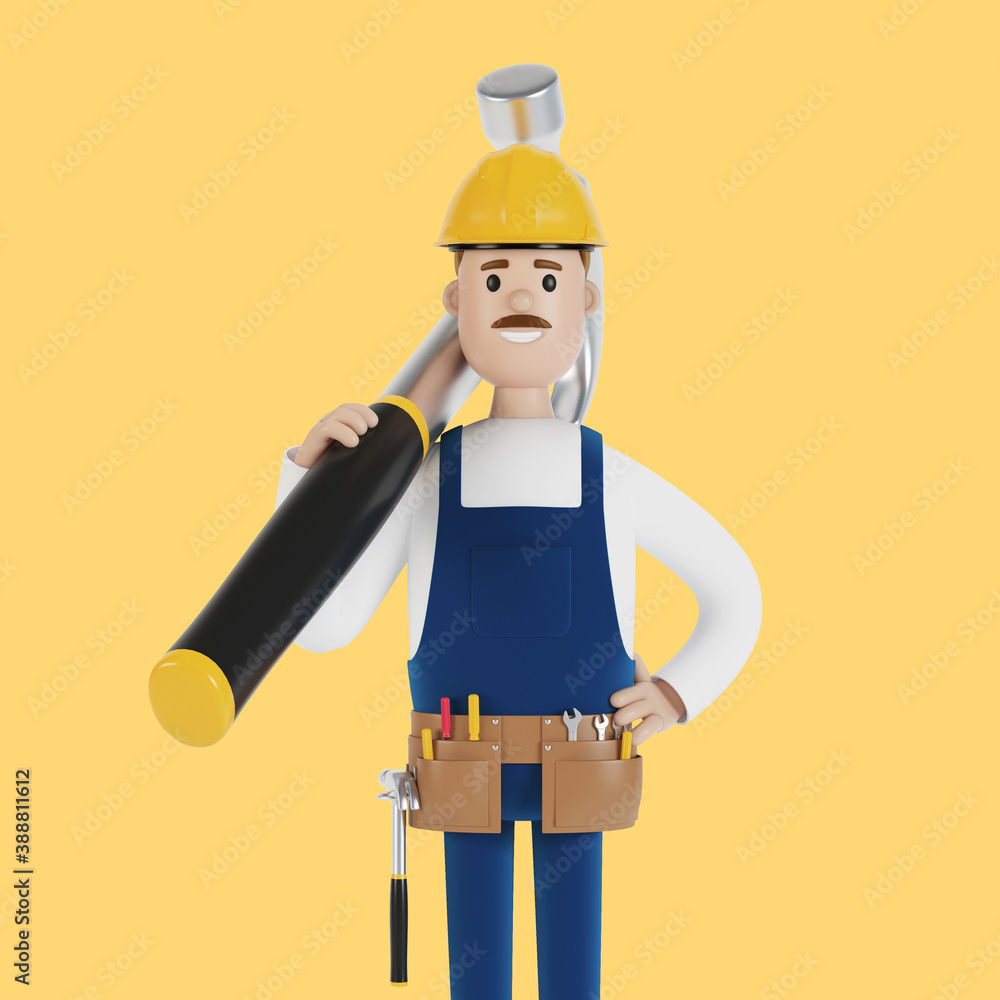 A builder with a hard hat and a big hammer. Construction worker. 3D illustration in cartoon style. A builder with a hard hat and a big hammer. Construction worker. 3D illustration in cartoon style.