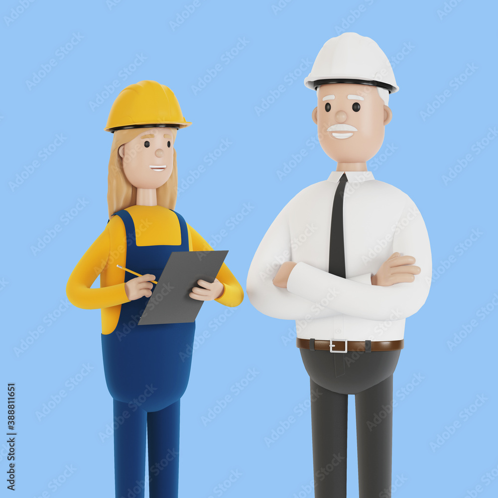 Quality control, production inspection. A civil engineer tells a female inspector about the work done. 3D illustration in cartoon style. Quality control, production inspection. A civil engineer tells a female inspector about the work done. 3D illustration in cartoon style.