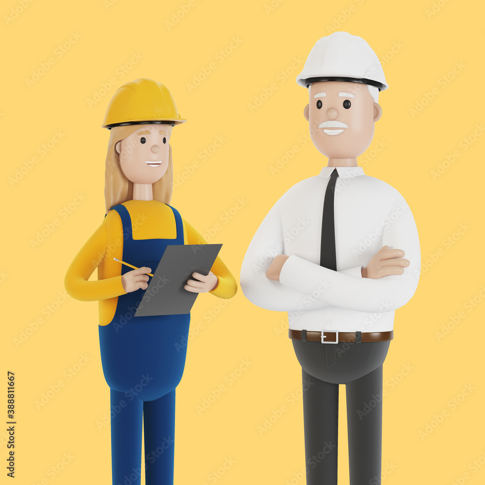 Quality control, production inspection. A civil engineer tells a female inspector about the work done. 3D illustration in cartoon style. Quality control, production inspection. A civil engineer tells a female inspector about the work done. 3D illustration in cartoon style.