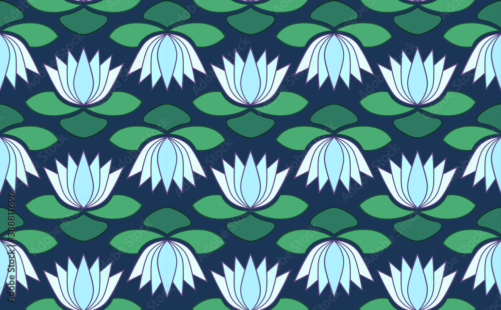Fototapeta premium Lotus seamless pattern. Water Lily repeating textile pattern. Pattern for scarf, clothes and other fabric printing.