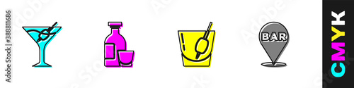 Set Martini glass, Alcohol drink Rum, Cocktail Bloody Mary and bar location icon. Vector.