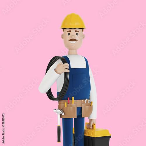 Electrician construction worker with tools and with a wire 3D illustration in cartoon style.