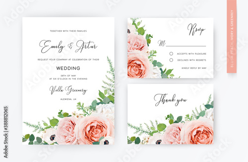 Floral, watercolor wedding invite card, rsvp, thank you card design. Blush peach, pink garden roses, white anemone flower, lilac flowers, Eucalyptus greenery branches & green fern leaves bouquet frame