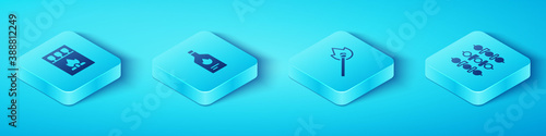 Set Isometric Matchbox and matches, Tabasco sauce, Grilled shish kebab and Burning with fire icon. Vector.