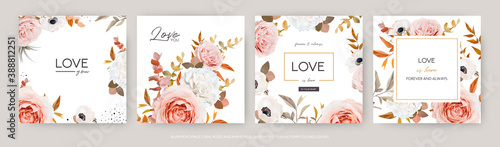 Vector watercolor style wedding invite, greeting card, banner template design set. Elegant blush peach, pink Roses, ivory white anemone flower, beige, brown orange Eucalyptus leaves bouquet decoration