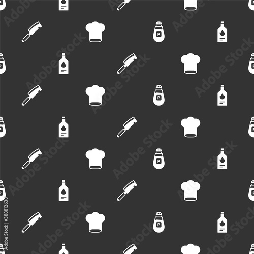 Set Pepper, Tabasco sauce, Meat chopper and Chef hat on seamless pattern. Vector.