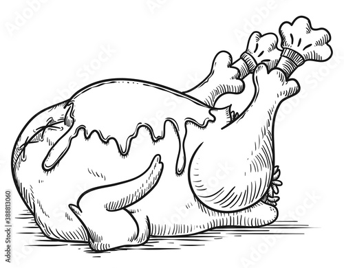 Roasted Turkey Covered with Sauce in Hand Drawn Style, Vector Illustration