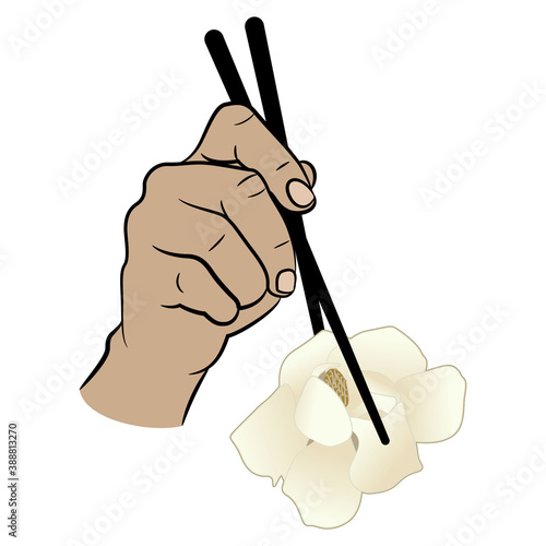 Human hand holding magnolia tree flower with chopsticks. Creative organic food concept.