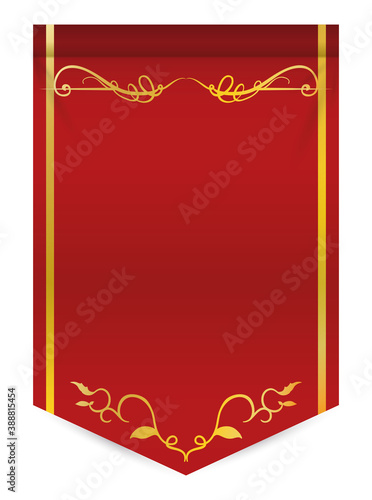 Isolated Red Pennant with Vines, Leaves and Golden Decorations, Vector Illustration