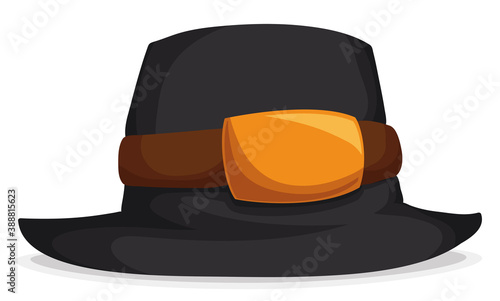 Dark Pilgrim's Hat with Band and Golden Bucket, Vector Illustration