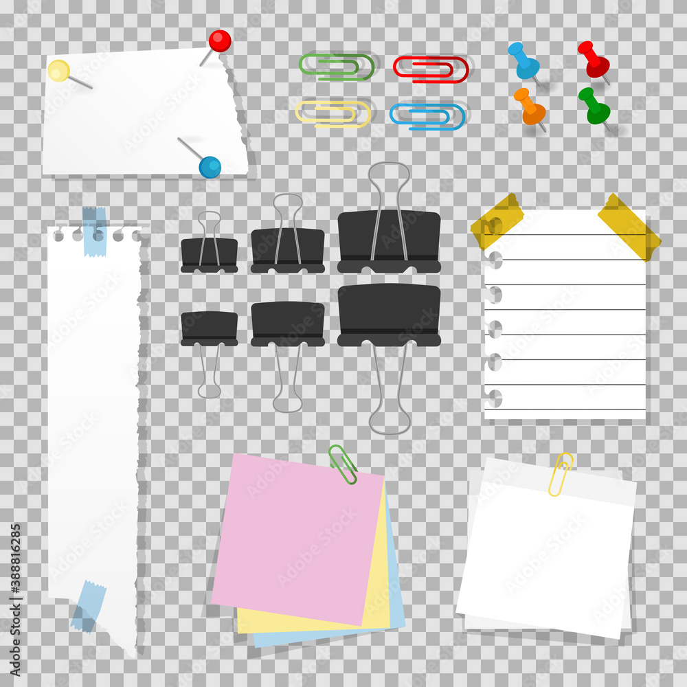 Office accessories set with push pins, staples, clips, note paper ...