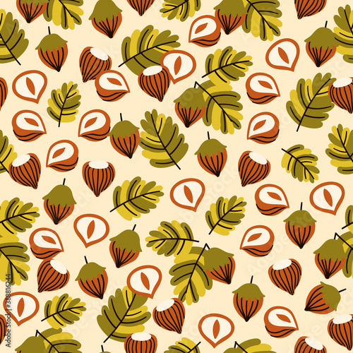 Seamless pattern with hazelnut leaves and acorns. Perfect for wallpapers, wrapping papers, pattern fills, textile, autumn greeting cards, Thanksgiving Day cards