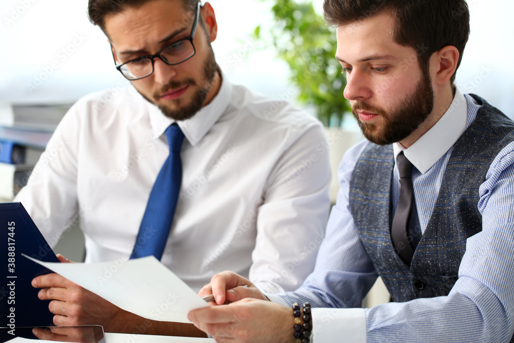Fototapeta premium Group of people hold in arms financial papers solve and discuss problem portrait. Fresh view review situation new angle look professional training white collar investment and finance concept
