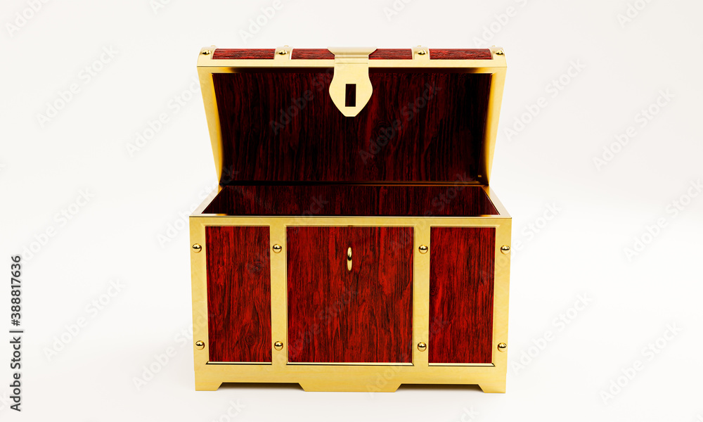 Treasure chest or retro treasure box Made with red painted wood and gold metal. Placed on white floor and background. 3D Rendering. Treasure chest or retro treasure box Made with red painted wood and gold metal. Placed on white floor and background. 3D Rendering.