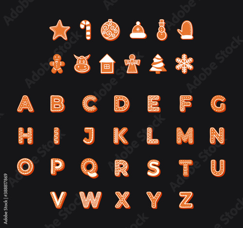 Christmas gingerbread cookies in the form of letters of the Latin alphabet. 26 letters and 12 figures gingerbread. Set of vector stock illustrations isolated on black background