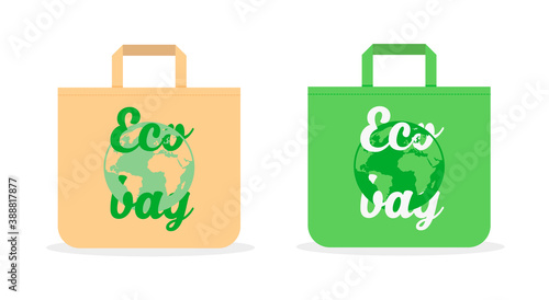 Eco fabric bag mockup with typography design. Print for eco bag. Textile reusable pack. Care about the environment. Zero waste. Vector illustration isolated on white background.