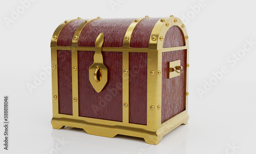 Treasure chest or retro treasure box Made with red painted wood and gold metal. Placed on white floor and background. 3D Rendering.