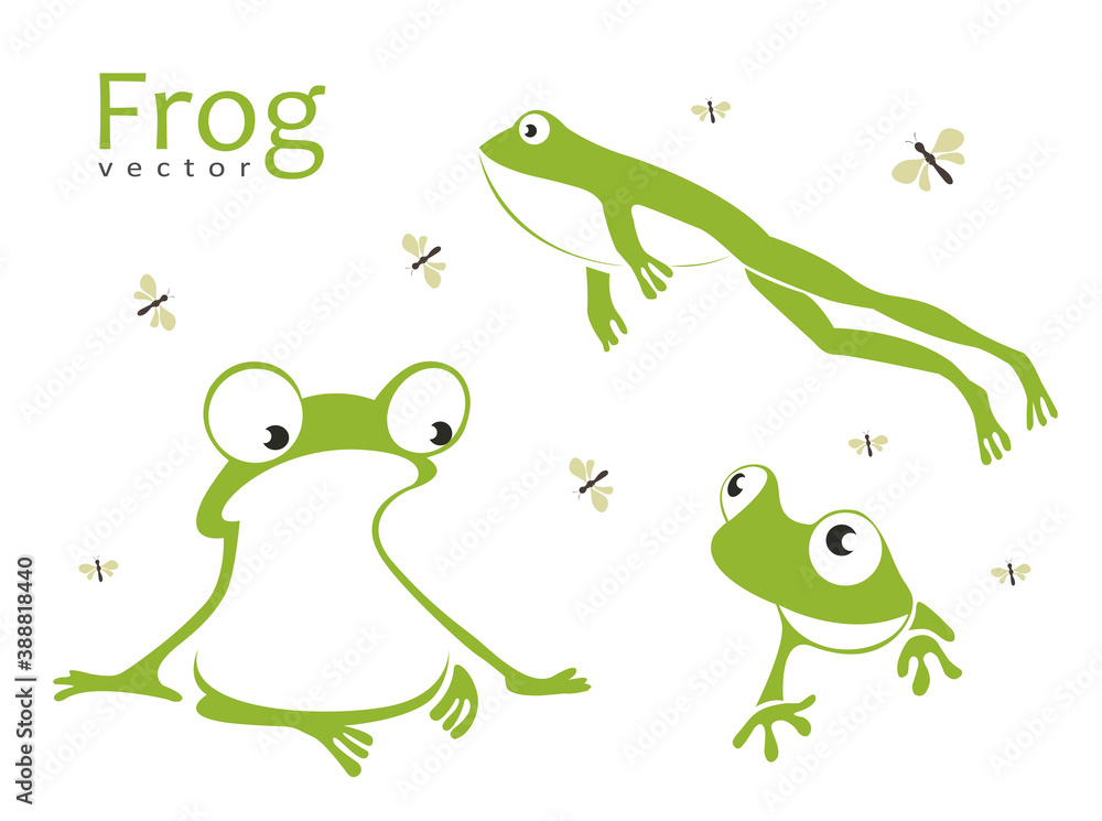 Naklejka premium Collection of funny frogs, dragonflies. Amfia sits, jumps, sneaks.
