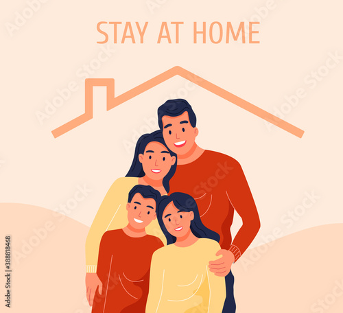 A happy family under the roof of their home protected from the virus. Stay at home concept. Self-isolation. Vector illustration.