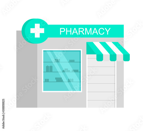 Facade of pharmacy store in trendy flat cartoon style. Cartoon drugstore cocncept. Infographic element. Vector illustration isolated on white background.