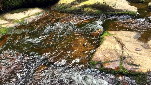 Detailaufnahme der Bode im Harz mit fließendem Wasser und Felsen im Tagselicht