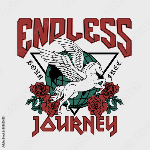 Pegasus with Globe and Roses Vector Artwork on White Background for Apparel and Other Uses