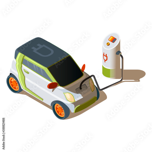 Isometric electric car at a charging station. Electro green vehicle connected with power resource through cable. Eco automobile 3d vector illustration.