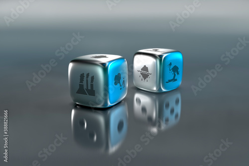 Pair of dice with environmental damage symbols photo