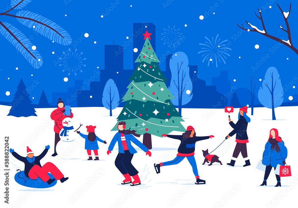 Naklejka premium Winter holiday festivities around the Christmas tree. People having fun and spending time outdoors in the city park. Winter holidays vector illustration. Characters in warm clothes. Season activities.