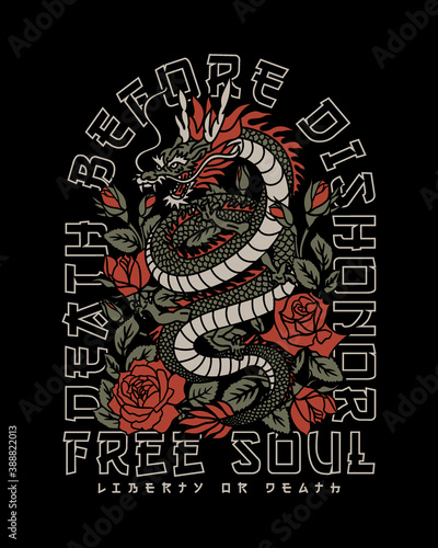 Fotografie Asian Dragon with Roses with A Slogan Vector Artwork on Black Background For App