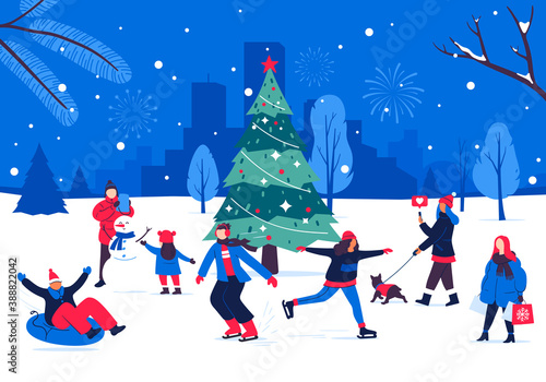 Winter holiday festivities around the Christmas tree. People having fun and spending time outdoors in the city park. Winter holidays vector illustration. Characters in warm clothes. Season activities.