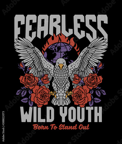 Eagle with Rose Illustration and Wild Youth Slogan Artwork on Black Background For Apparel and Other Uses
