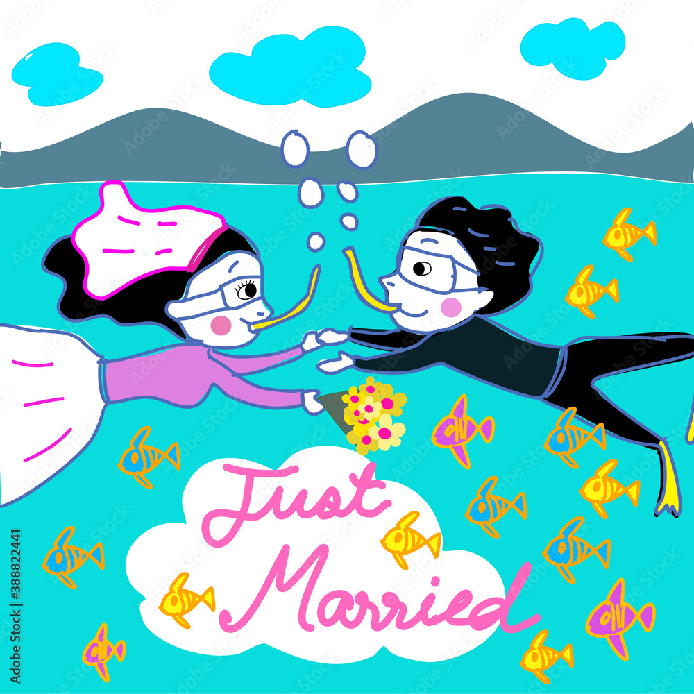 Naklejka premium cute underwater wedding groom and bride hand drawn cartoon vector 