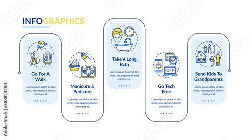 Me time ideas vector infographic template. Take a long bath. Go for walk presentation design elements. Data visualization with 5 steps. Process timeline chart. Workflow layout with linear icons