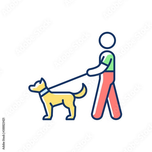 Dog walker RGB color icon. Animal care. Taking pets out for daily exercise. Dog-walking. Animal industry. Dog owner. Professional pet care. Volunteering at shelter. Isolated vector illustration