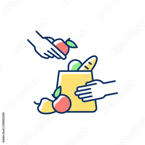 Grocery bagger RGB color icon. Packer. Putting groceries into shopping bag. Assisting cashier. Part time worker. Bagging grocery items. Loading purchased items into carts. Isolated vector illustration