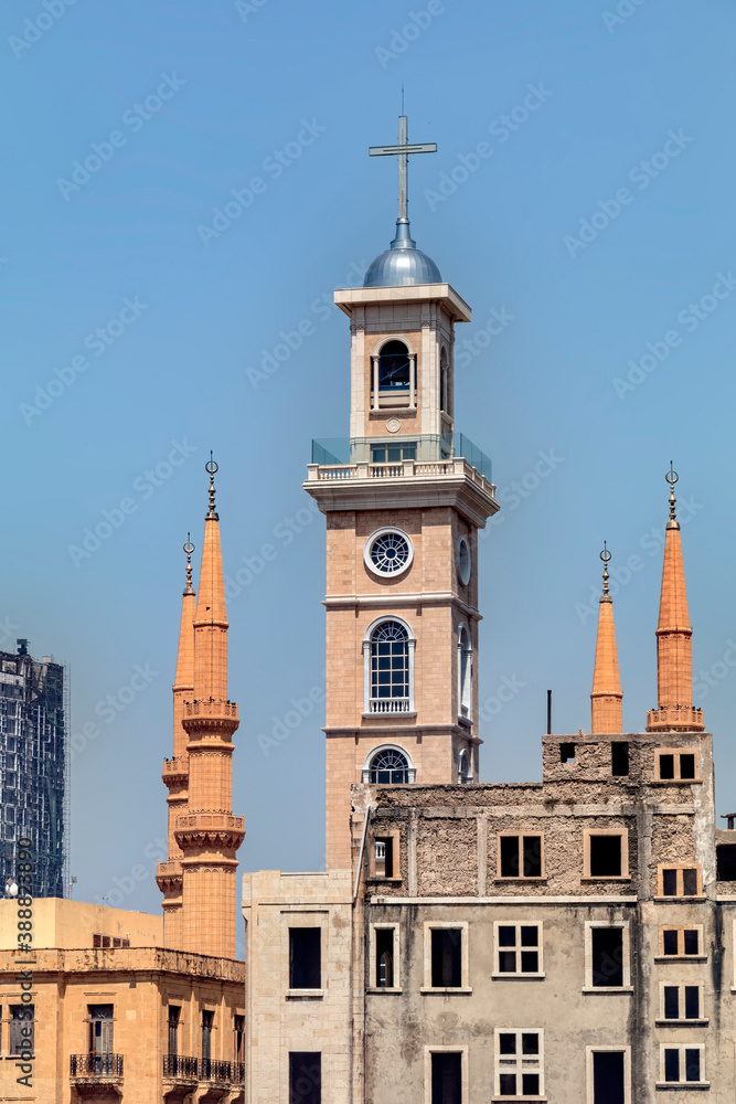 A mosque and a church next to each other in Beirut, Lebanon