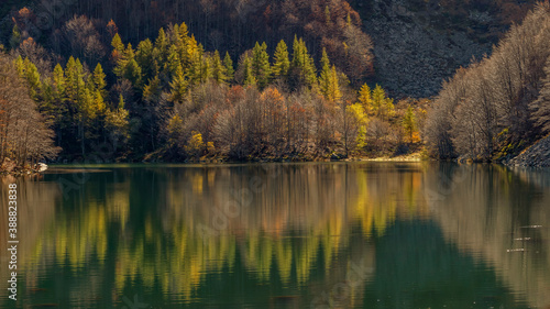 Reflections of autumn foliage in the still water of Lake Santo Modenese, Emilia Romagna, Italy