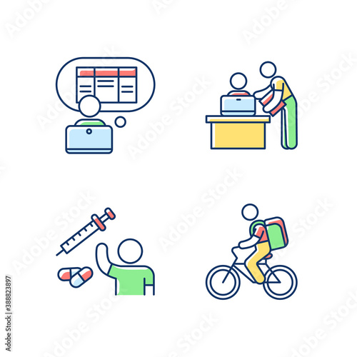 Part-time jobs RGB color icons set. Data entry clerk. Personal assistant. Clinical trial volunteer. Food delivery person. Clerical tasks. Personal secretary. Isolated vector illustrations